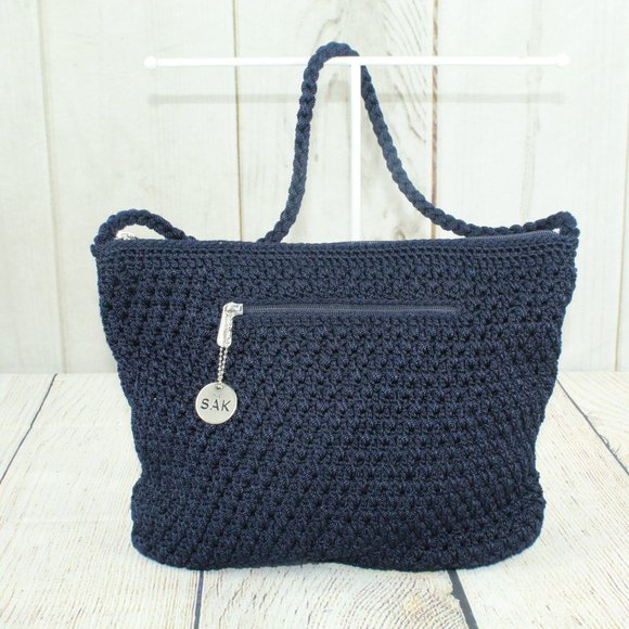 The Sak Blue Crochet Zipper Side Pocket Lined Tote Shoulder Handbag - Picture 7 of 9